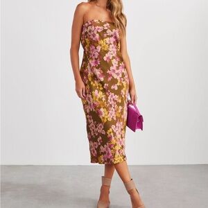 Vici - Laressa Satin Strapless Floral Midi Dress - Olive & Floral - Worn Once